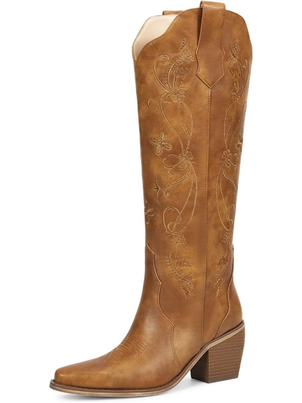 Women's Matte Brown Embroidered Pointed Toe Comfortable Fashion Knee High Boots